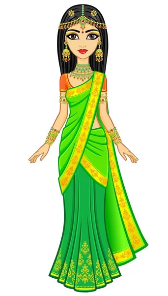 Asian Beauty Animation Portrait Young Indian Girl Traditional Clothes Fairy — Stock Vector