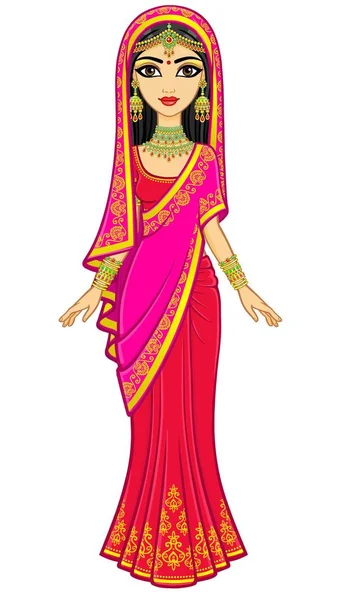 Asian Beauty Animation Portrait Young Indian Girl Traditional Clothes Fairy — Stock Vector