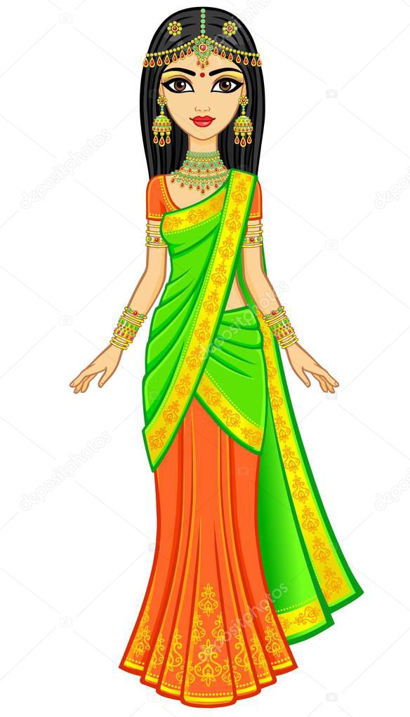 Asian beauty. Animation portrait of the young Indian girl in traditional clothes. Fairy tale princess. Full growth. Vector illustration isolated on a white background.