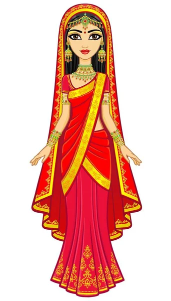 Keindahan Asia Animasi Potret Gadis India Muda Dengan Pakaian Tradisional - Stok Vektor