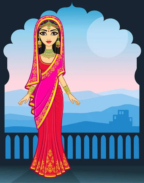 アジアの美しさ アニメーションの伝統的な服の若いインドの女の子の肖像画 おとぎ話の王女 夜山の風景 テキストを配置します ベクトル図 — ストックベクタ