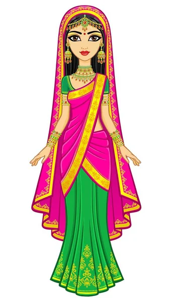 Asya Güzeli Animasyon Geleneksel Giysiler Içinde Genç Hintli Kız Portresi — Stok Vektör