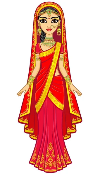 亚洲美女 动画肖像的年轻的印度女孩在传统的衣服 童话公主 全面增长 在白色背景上隔离的矢量插图 — 图库矢量图片
