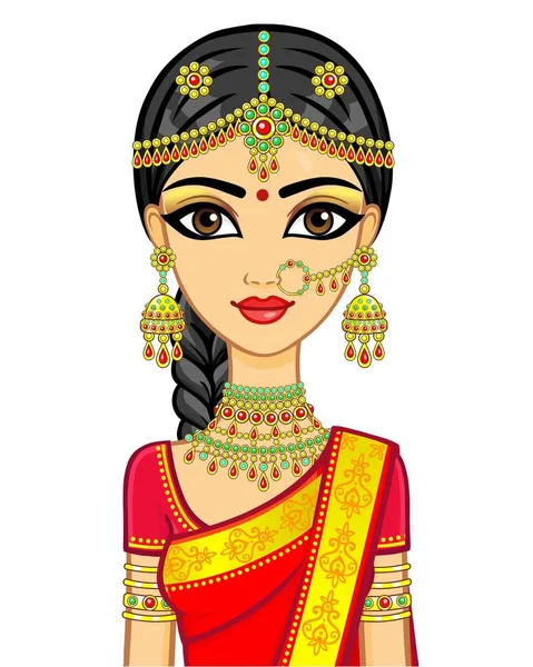 アジアの美しさ アニメーションの伝統的な服の若いインドの女の子の肖像画 おとぎ話の王女 白い背景で隔離のベクトル図 — ストックベクタ