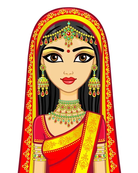 アジアの美しさ アニメーションの伝統的な服の若いインドの女の子の肖像画 おとぎ話の王女 白い背景で隔離のベクトル図 — ストックベクタ