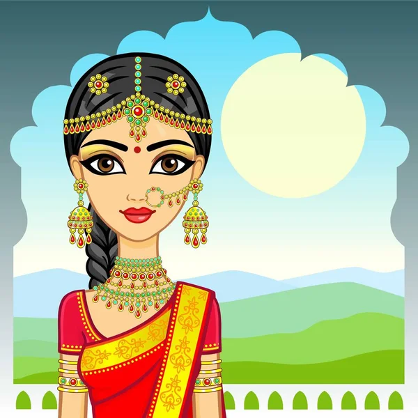 亚洲美女 动画肖像的年轻的印度女孩在传统的衣服 童话公主 太阳山景观 文本的位置 矢量插图 — 图库矢量图片