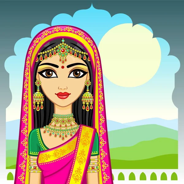 亚洲美女 动画肖像的年轻的印度女孩在传统的衣服 童话公主 太阳山景观 文本的位置 矢量插图 — 图库矢量图片