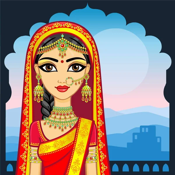 Asian Beauty Animation Portrait Young Indian Girl Traditional Clothes Fairy — Stock Vector