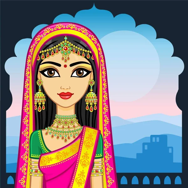 アジアの美しさ アニメーションの伝統的な服の若いインドの女の子の肖像画 おとぎ話の王女 夜山の風景 テキストを配置します ベクトル図 — ストックベクタ