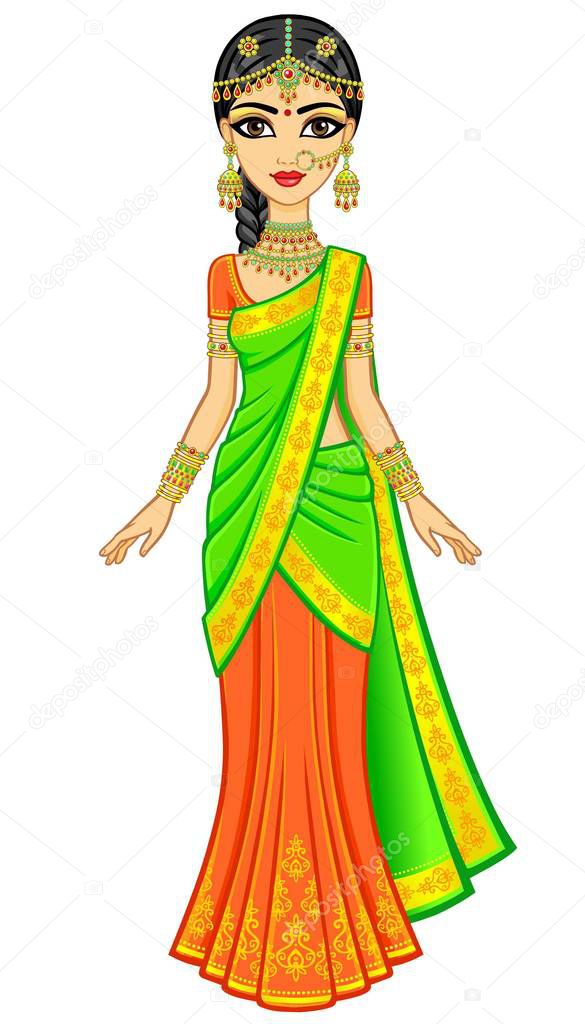 Asian beauty. Animation portrait of the young Indian girl in traditional clothes. Fairy tale princess. Full growth. Vector illustration isolated on a white background.