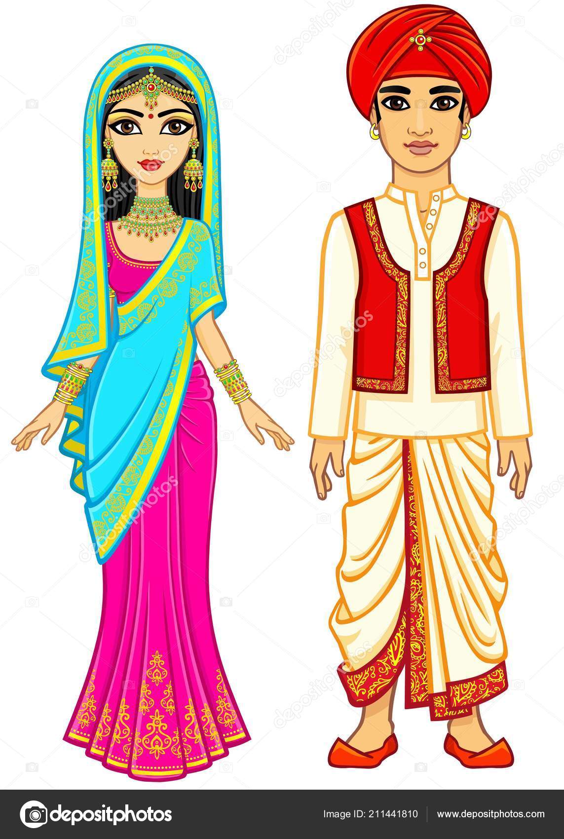 Asian Beauty Animation Indian Family Traditional Clothes Young Man Woman  Stock Vector Image by ©Roomyana #211441810