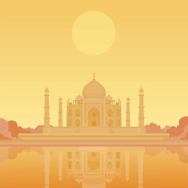 Taj mahal Tapınağı. Akşam bak. Metni için bir yer. Vektör çizim.