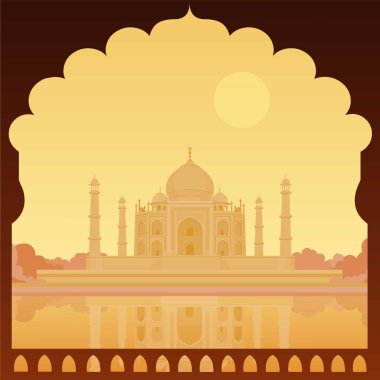 Taj mahal Tapınağı. Akşam bak. Metni için bir yer. Vektör çizim.
