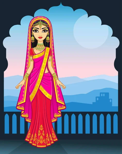 Asian Beauty Animation Portrait Young Indian Girl Traditional Clothes Fairy — Stock Vector