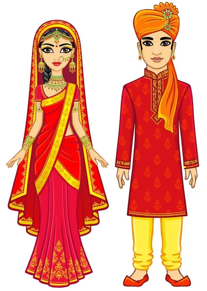 Aziatische Schoonheid Animatie Indiase Familie Traditionele Kleding Jonge Man Vrouw — Stockvector