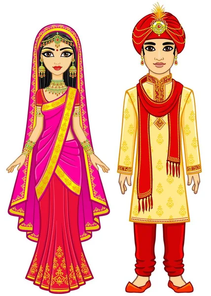 アジアの美しさ アニメーションの伝統的な衣服のインド家族 若い男と女 おとぎ話の文字 王子と王女 完全な成長 白い背景で隔離のベクトル図 — ストックベクタ