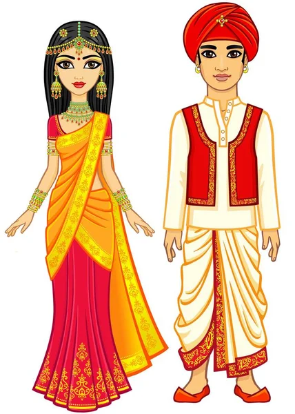 Aziatische Schoonheid Animatie Indiase Familie Traditionele Kleding Jonge Man Vrouw — Stockvector