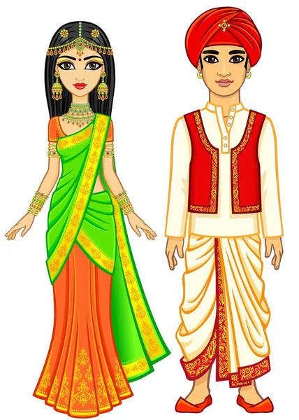 Belleza Asiática Animación Familia India Ropa Tradicional Joven Hombre Mujer — Vector de stock