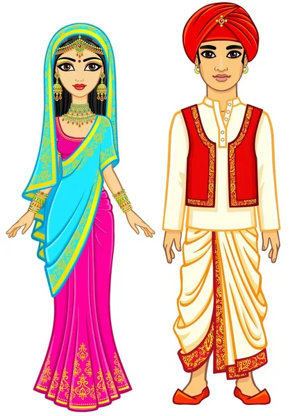 アジアの美しさ アニメーションの伝統的な衣服のインド家族 若い男と女 おとぎ話の文字 王子と王女 完全な成長 白い背景で隔離のベクトル図 — ストックベクタ