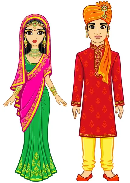 Ασιατική Ομορφιά Ινδική Οικογένεια Animation Παραδοσιακά Ρούχα Νεαρός Άνδρας Και — Διανυσματικό Αρχείο