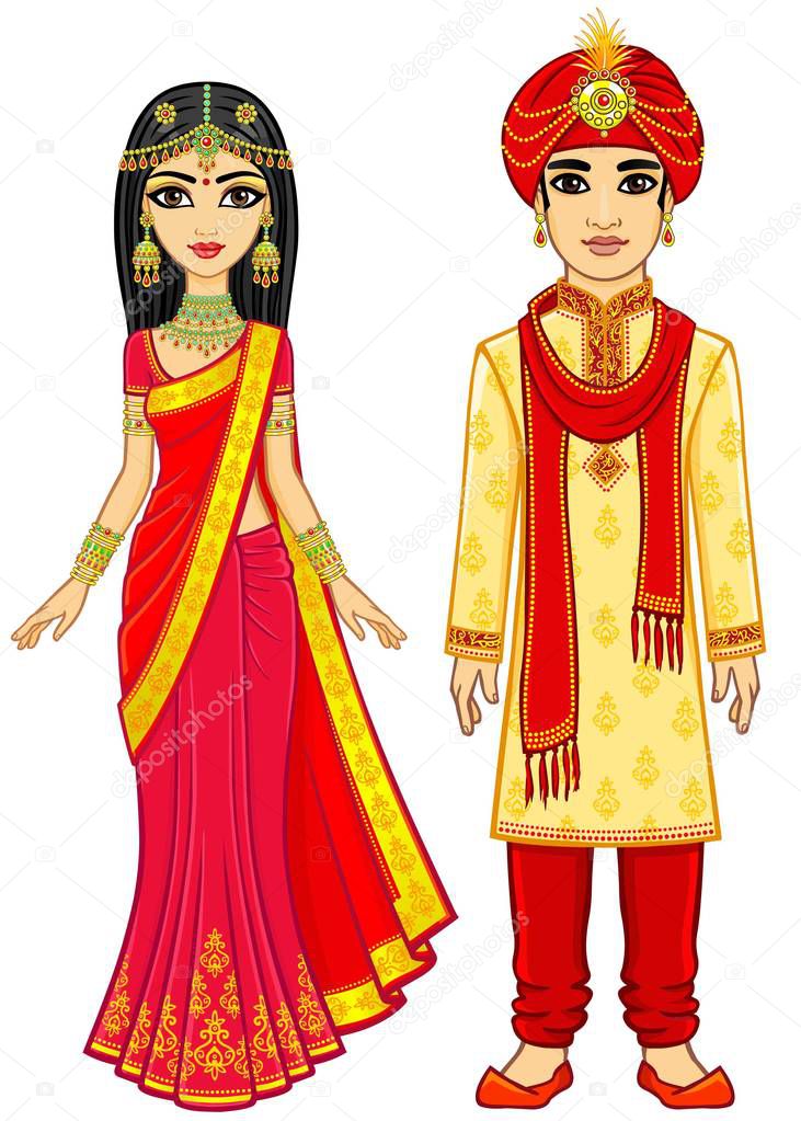 Asian beauty. Animation Indian family in traditional clothes. Young man and woman. Fairy tale characters, prince and princess. Full growth. Vector illustration isolated on a white background.