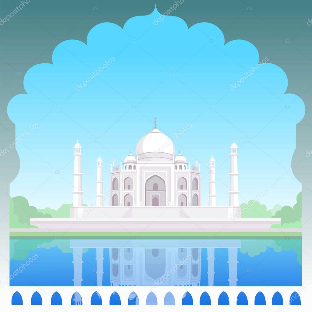 Taj-mahal temple. Day look. Place for the text. Vector illustration.
