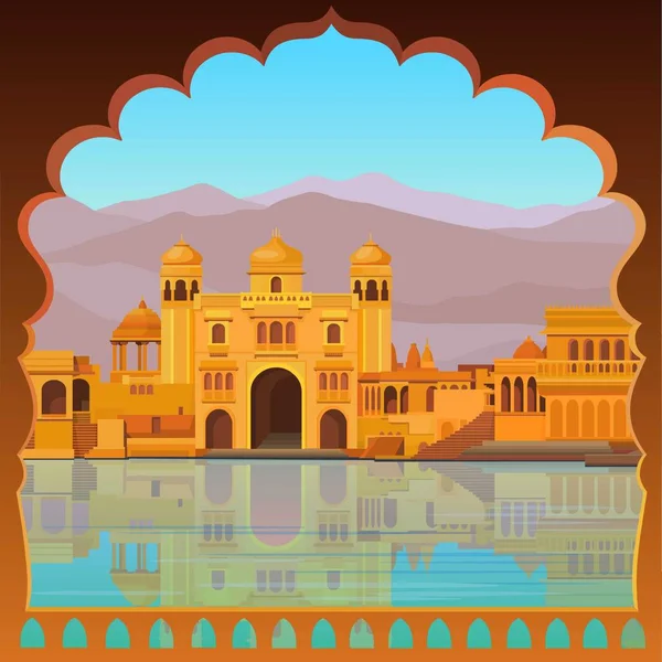 アニメーションの風景 川の土手に古代インドの宮殿 ベクトル図 — ストックベクタ