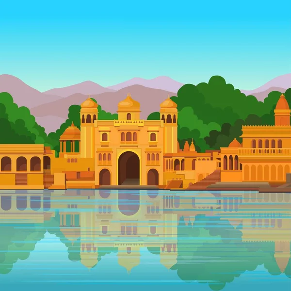 Κινούμενα Σχέδια Τοπίο Αρχαία Ινδική Παλάτι Στην Όχθη Του Ποταμού — Διανυσματικό Αρχείο