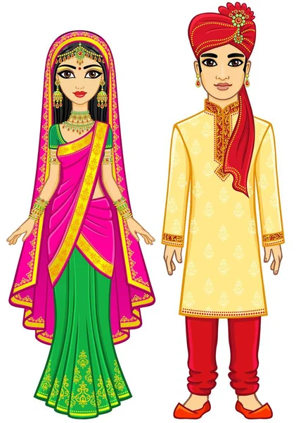 Aziatische Schoonheid Animatie Indiase Familie Traditionele Kleding Jonge Man Vrouw — Stockvector