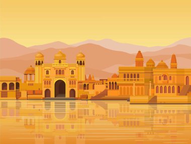 Animation landscape: the ancient Indian city: temples, palaces, dwellings, river bank. Vector illustration. clipart