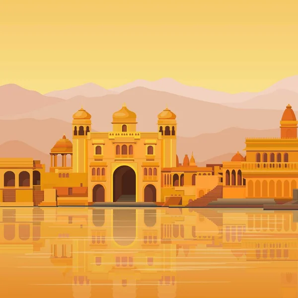 Paisaje Animación Antigua Ciudad India Templos Palacios Viviendas Ribera Del — Vector de stock