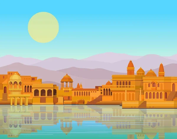 Krajobraz Animacji Starożytne Indyjskie Miasto Świątynie Pałace Mieszkań Brzeg Rzeki — Wektor stockowy