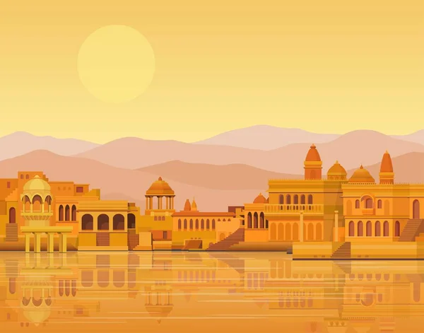 Paysage Animation Ancienne Ville Indienne Temples Palais Habitations Rive Illustration — Image vectorielle