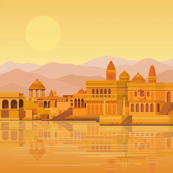 Krajobraz Animacji Starożytne Indyjskie Miasto Świątynie Pałace Mieszkań Brzeg Rzeki — Wektor stockowy