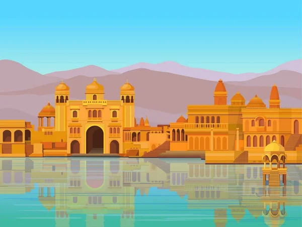 Animationslandschaft Die Antike Indische Stadt Tempel Paläste Behausungen Flussufer Vektorillustration — Stockvektor