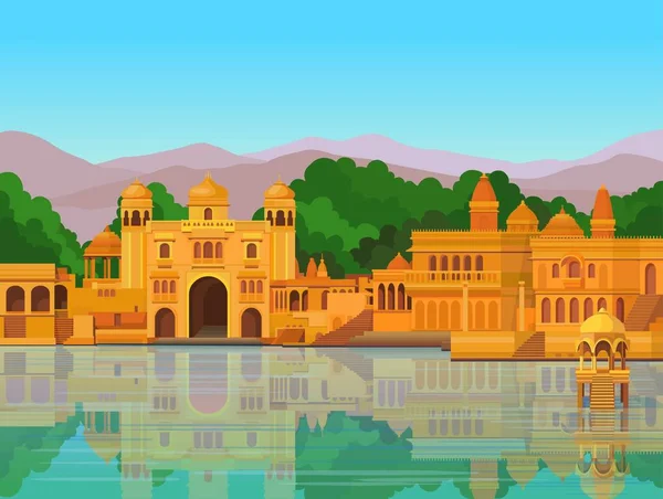 Paisagem Animação Antiga Cidade Indiana Templos Palácios Moradias Margem Rio — Vetor de Stock