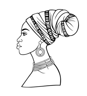 Animasyon bir türban genç Afrikalı kadın portresi. Profil görünümü. Tek renkli Doğrusal çizim. Beyaz bir arka plan üzerinde izole vektör çizim. Baskı, poster, tişört, kart.