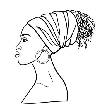 Animasyon bir türban genç Afrikalı kadın portresi. Profil görünümü. Tek renkli Doğrusal çizim. Beyaz bir arka plan üzerinde izole vektör çizim. Baskı, poster, tişört, kart.