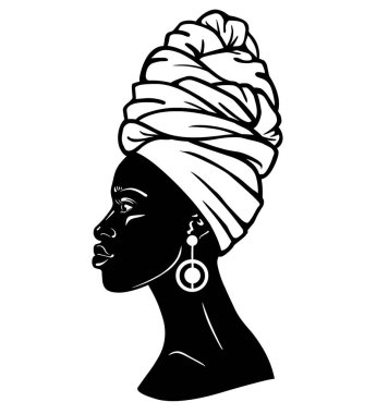Animasyon bir türban genç Afrikalı kadın portresi. Profil görünümü. Tek renkli Doğrusal çizim. Beyaz bir arka plan üzerinde izole vektör çizim. Baskı, poster, tişört, kart.
