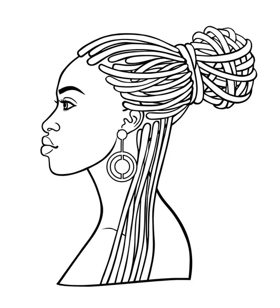 Portrait Animation Jeune Femme Africaine Vue Profil Dessin Linéaire Monochrome — Image vectorielle