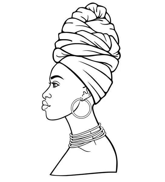 Retrato Animación Joven Africana Con Turbante Vista Perfil Dibujo Lineal — Vector de stock