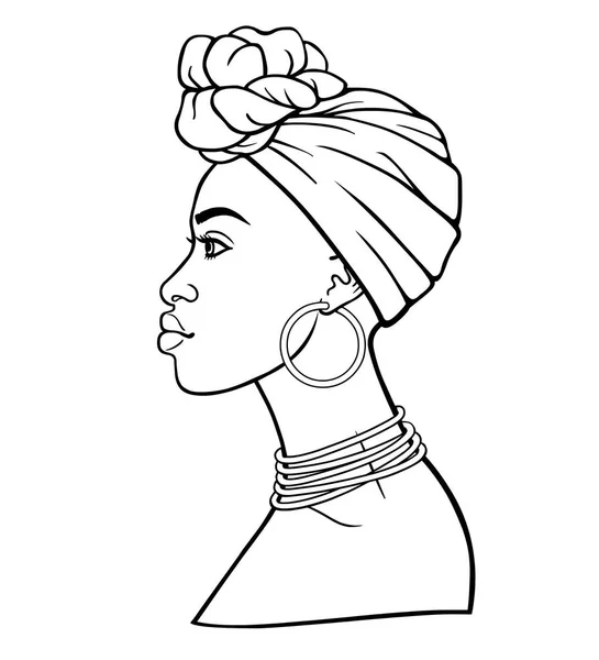 Portrait Animé Jeune Femme Africaine Dans Turban Vue Profil Dessin — Image vectorielle