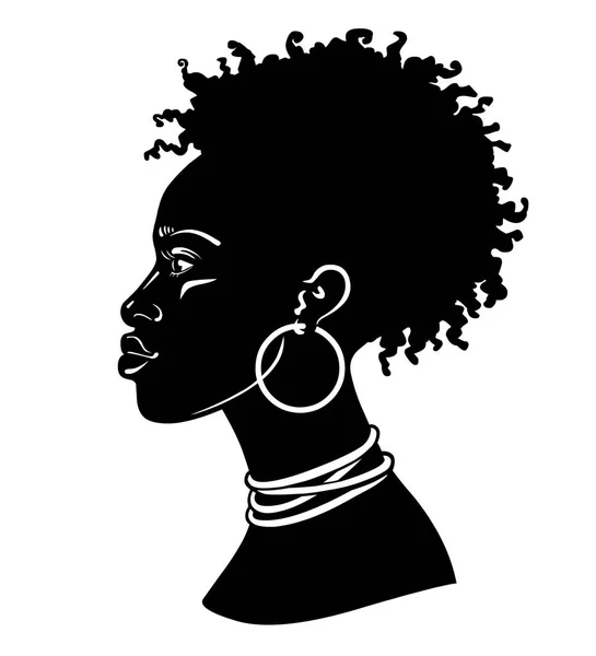 Retrato Animação Jovem Africana Vista Perfil Desenho Linear Monocromático Ilustração —  Vetores de Stock