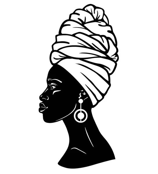 Animation Portrait Young African Woman Turban Profile View Monochrome Linear — Stock Vector