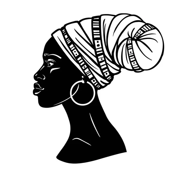 Animation Portrait Young African Woman Turban Profile View Monochrome Linear — Stock Vector