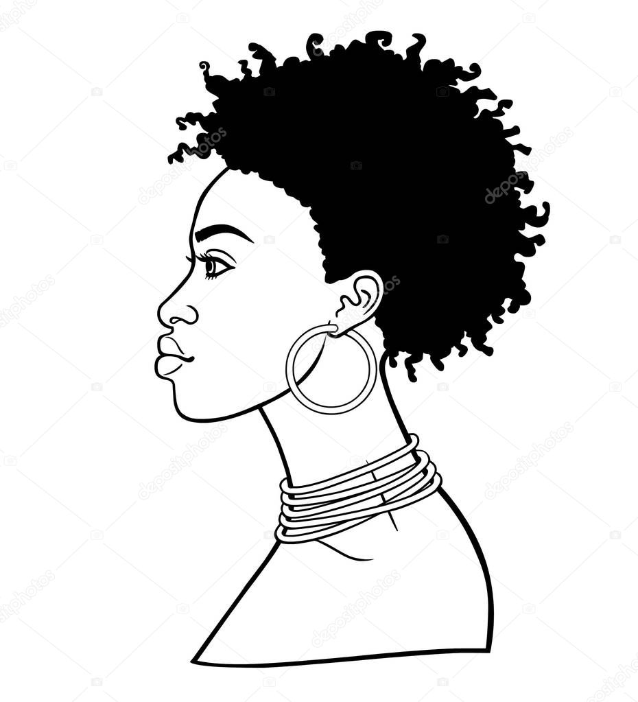Animation portrait of the young African woman. Profile view. Monochrome linear drawing. Vector illustration isolated on a white background. Print, poster, t-shirt, card.