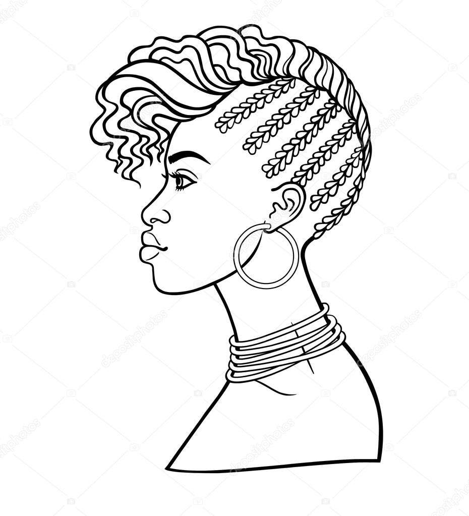 Animation portrait of the young African woman. Profile view. Monochrome linear drawing. Vector illustration isolated on a white background. Print, poster, t-shirt, card.