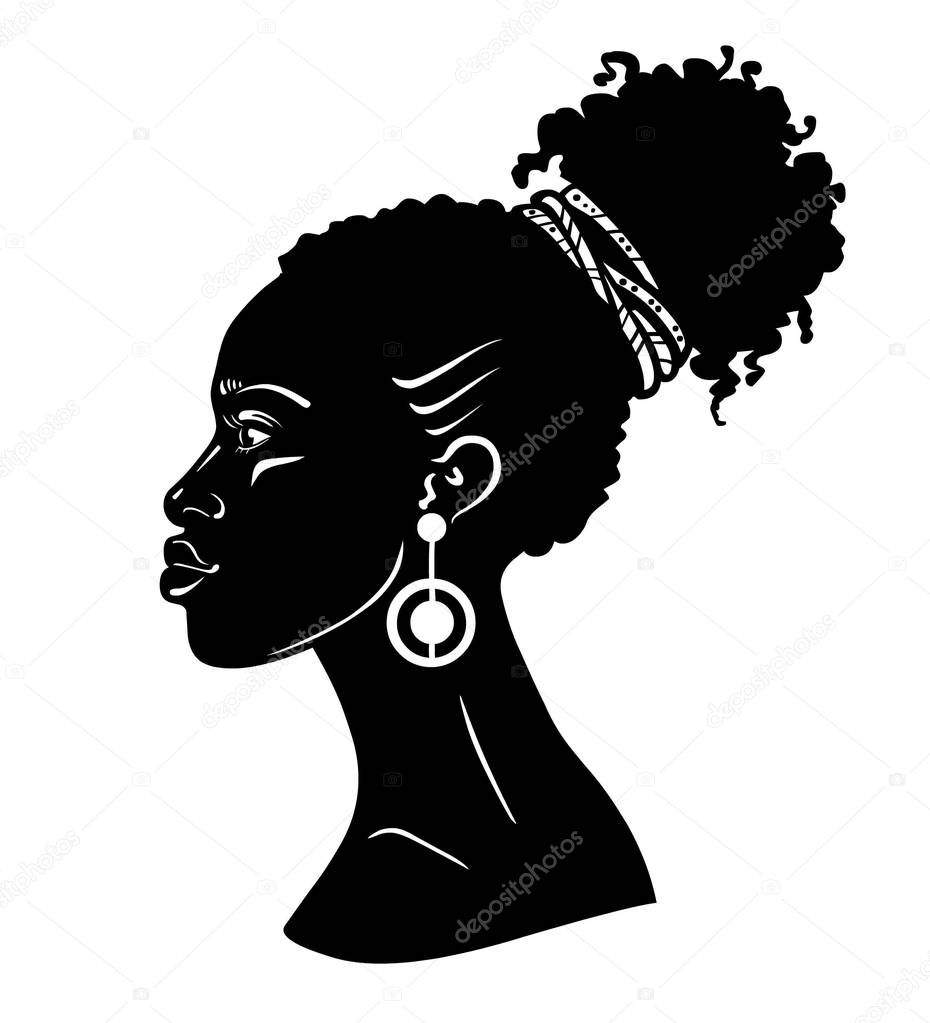 Animation portrait of the young African woman. Profile view. Monochrome linear drawing. Vector illustration isolated on a white background. Print, poster, t-shirt, card.