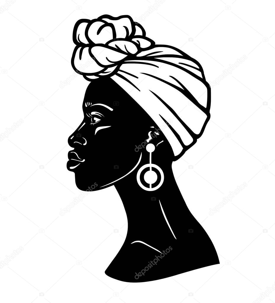Animation portrait of the young African woman in a turban. Profile view. Monochrome linear drawing. Vector illustration isolated on a white background. Print, poster, t-shirt, card.