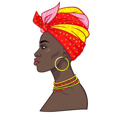 Animasyon bir türban genç güzel Afrikalı kadın portresi. Profil görünümü. Çizim rengi. Beyaz bir arka plan üzerinde izole vektör çizim. Baskı, poster, tişört, kart.